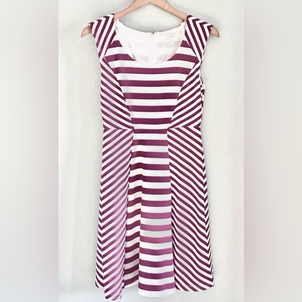 XS New York & Company Pink White Striped Fit Flare Dress Cap Sleeve Knee